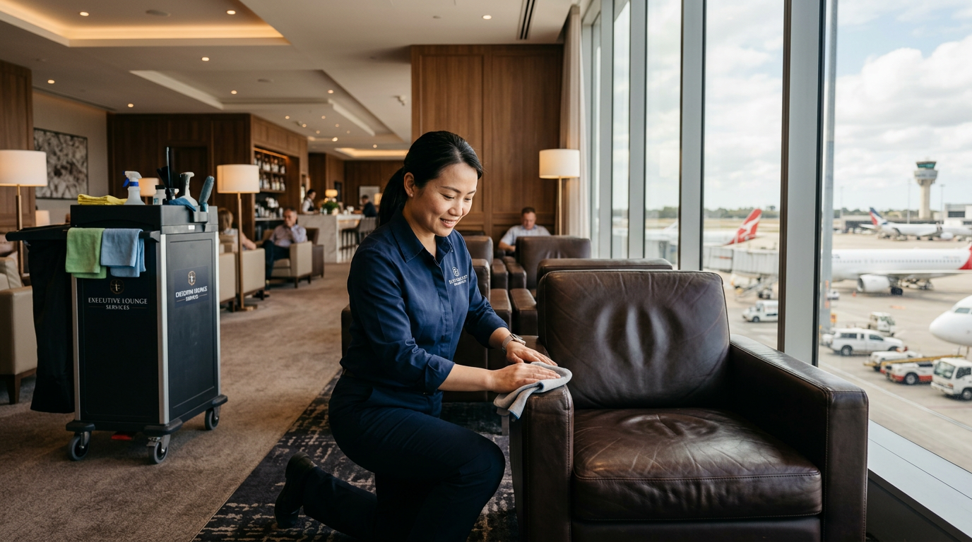 Aviation lounge and premium transport-adjacent facility presentation maintained by DailyClean.